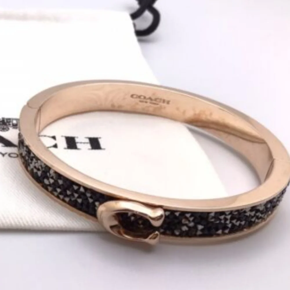 NEW COACH C Logo Hinged Bangle Bracelet Yellow Gold S/ Steel & Black Sprinkle - Picture 7 of 7
